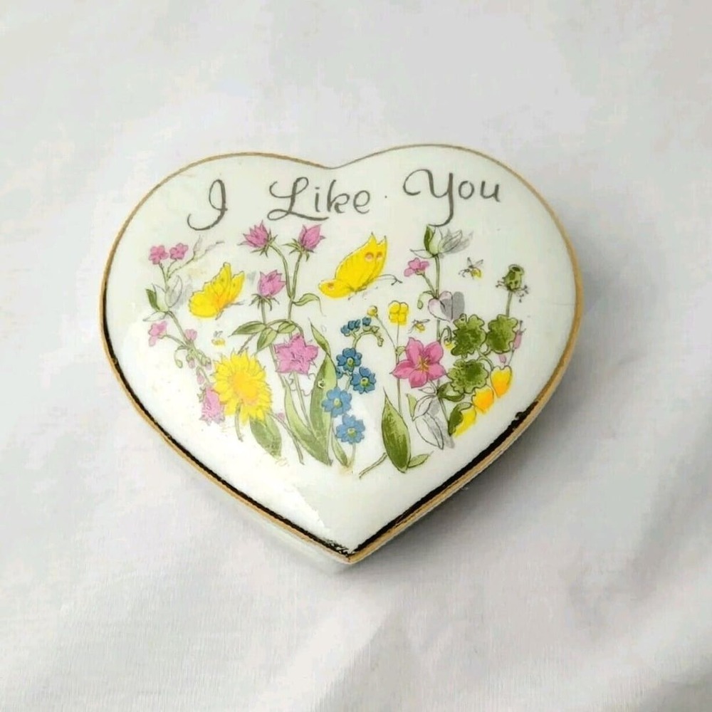 "I Like You"‎ Trinket Dish Box Heart Shaped Porcelain Floral Design Japan Enesco